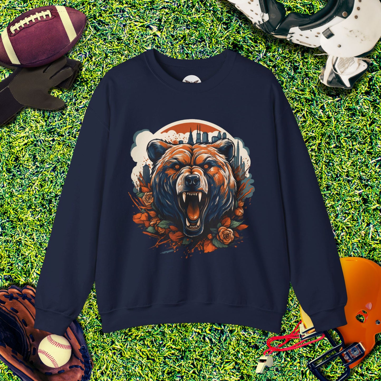 Chicago Bears Skyline Roaring Bear Crewneck Sweatshirt